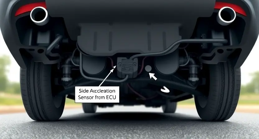 A detailed illustration of a car's undercarriage, highlighting the location of the side acceleration sensor. Show the sensor itself, connected by wiring to the car's electronic control unit (ECU). Include arrows indicating the direction of acceleration and lateral movement. The background should be a slightly blurred view of the road surface.