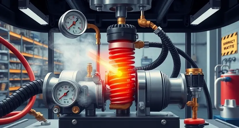 A high-quality technical illustration showing a pneumatic suspension compressor overheating, with visible signs like steam or excessive heat haze, surrounded by automotive components such as air lines, valves, and a pressure gauge, set in a clean workshop environment with professional lighting, emphasizing early warning indicators like warning lights or temperature gauges in the red zone