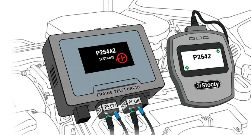 A detailed illustration of an automotive engine control unit (ECU) with diagnostic tools connected, highlighting the P2542 error code indicator. The ECU should be clearly visible, and the diagnostic tools should be pointing towards the error code display. The background should be a clean, technical environment.