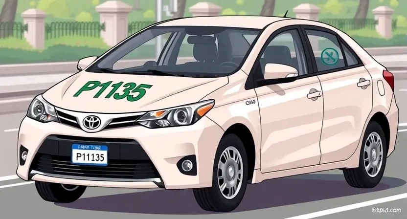 A detailed illustration of a Toyota car displaying a P1135 error code on its dashboard. The car should be parked on a road with a clear background. Focus on the error code display and the car's overall condition.