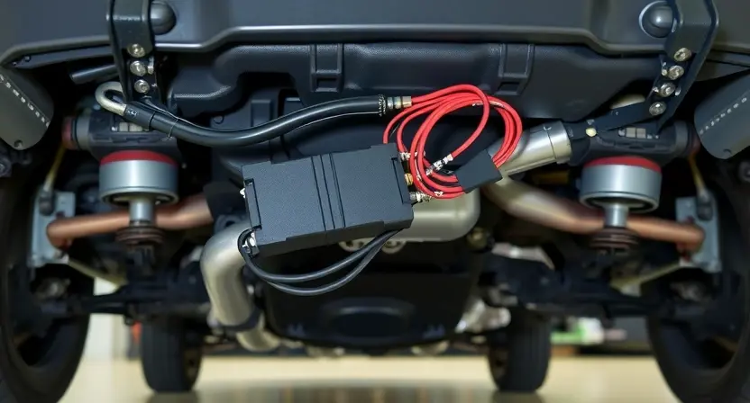 A close-up, detailed illustration of a car's undercarriage, specifically focusing on the Electronic Power Brake (EPB) module and its wiring harness. The image should highlight the connections and components related to the EPB system. The background should be a slightly blurred view of the car's suspension and exhaust system. The lighting should be bright and even, emphasizing the technical details. Focus on clean, organized wiring.