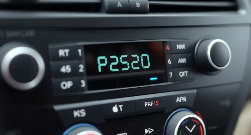 A close-up, detailed image of an automotive air conditioning system's control panel with a digital display showing the error code 'P2520'. The background should subtly suggest the interior of a car dashboard. Focus on the display and surrounding buttons/indicators. The overall lighting should be clean and professional, highlighting the error code.