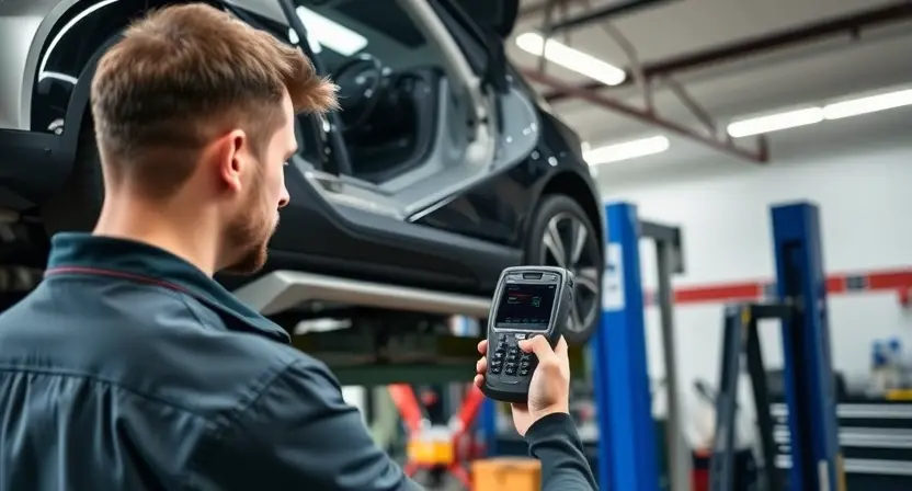 A mechanic is using a diagnostic scanner to check the computer system of an Opel or Chevrolet car. The car is lifted on a hydraulic lift, and the mechanic is focused on the dashboard and the scanner display. The background shows a well-lit auto repair shop with tools and equipment visible.