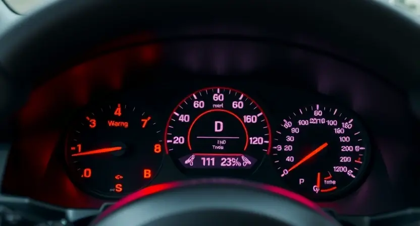 A car dashboard with various warning lights illuminated, focusing on the instrument cluster and the central display. The background should be slightly blurred to emphasize the dashboard.