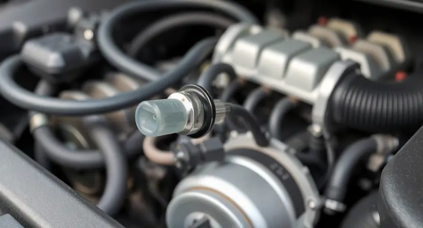 A close-up, detailed illustration of a car engine bay. Focus on the coolant temperature sensor and its wiring harness. Show the sensor connected to the engine block with hoses and wires clearly visible. The background should be slightly blurred, suggesting a clean and organized engine compartment. Emphasize the electrical connections and the sensor's physical appearance. The overall lighting should be bright and even, highlighting the components.