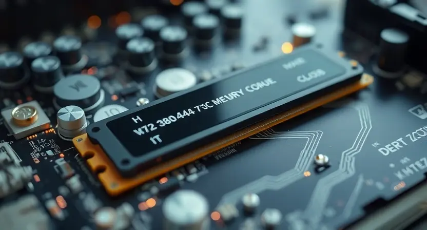 A close-up, detailed illustration of a computer motherboard with a highlighted memory module. The memory module should be clearly visible, with subtle glowing lines indicating data flow. Focus on the intricate circuitry and components surrounding the memory. The background should be blurred, emphasizing the memory module as the central element.