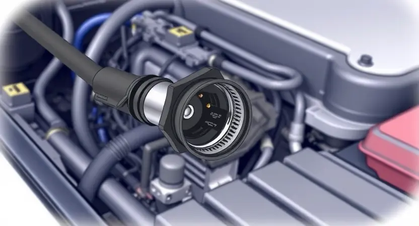 A detailed illustration of a car engine bay, focusing on the fuel injector connector. The connector should be clearly visible, with wires and connections highlighted. The background should be slightly blurred to emphasize the connector.