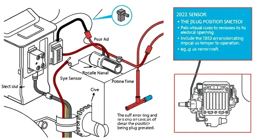 A detailed illustration of an automotive electrical circuit diagram, specifically focusing on the plug position sensor and its associated wiring. The diagram should clearly show the sensor, its connections to the vehicle's electrical system, and the potential points of failure. Include visual cues to represent the P2832 error code and its impact on the vehicle's operation (e.g., a simplified representation of the engine's performance being affected).