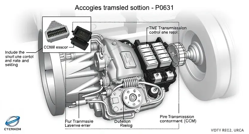 A detailed illustration of a car's automatic transmission system, highlighting the P0631 error code and its potential causes. Include visual representations of the transmission control module (TCM), sensors, and related components. The image should convey a sense of technical complexity and potential malfunction.
