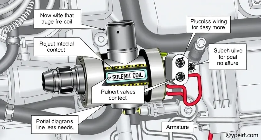 A detailed illustration of an automotive solenoid valve, highlighting its internal components and connections. The image should clearly show the solenoid coil, armature, and plunger. Include wiring diagrams and labels for clarity. The background should be a clean, technical environment.