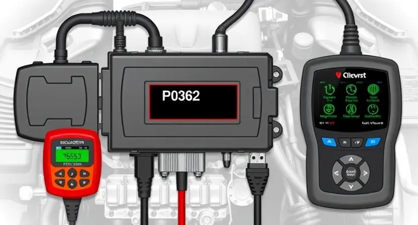A detailed illustration of an engine control unit (ECU) with various diagnostic tools connected, highlighting the P0262 error code indicator. The background should be a clean, technical environment.
