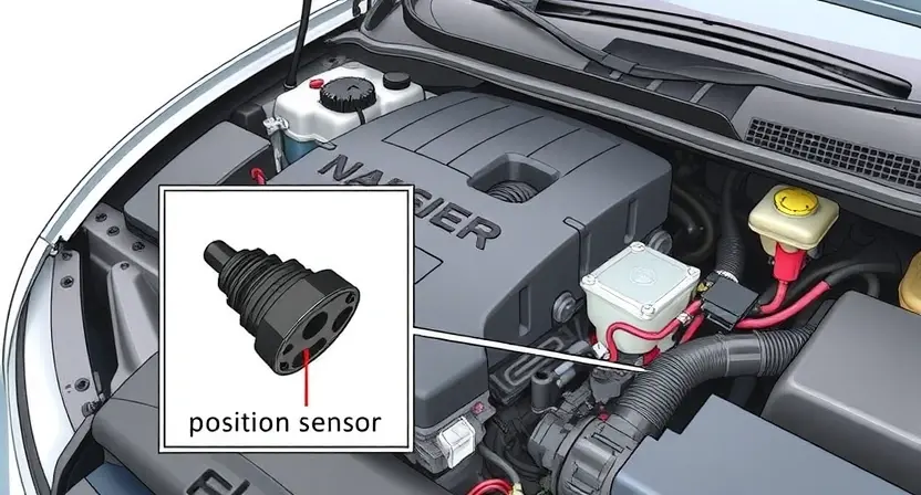 A detailed illustration of a car's engine compartment with a highlighted and labeled sensor, specifically the position sensor, to show its location and connection points. The image should depict the sensor in a way that helps with diagnosis, showing its wiring and possible points of failure. The background should be a clean, well-lit engine bay to emphasize the sensor and its surroundings.