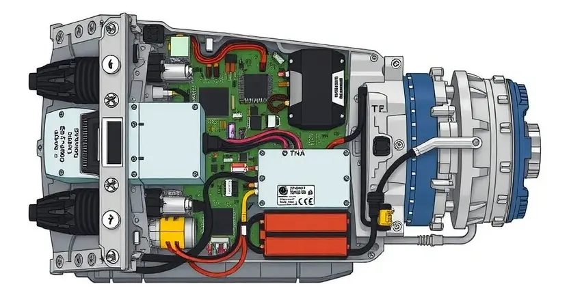 A detailed illustration of a hybrid transmission electronic control unit (ECU) with various sensors, actuators, and wiring. The ECU should be depicted in a modern, clean design, showcasing its internal components. Focus on the electronic components and their connections.