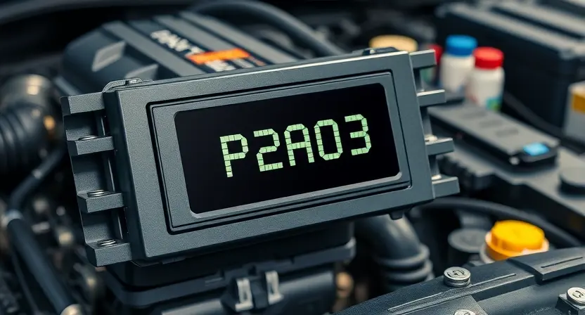 A close-up, detailed illustration of an automotive engine control unit (ECU) displaying an error code P2A03. The ECU should be realistically rendered with visible components like sensors, connectors, and circuitry. The error code P2A03 should be clearly highlighted on a digital display within the ECU. The background should be a blurred workshop environment.