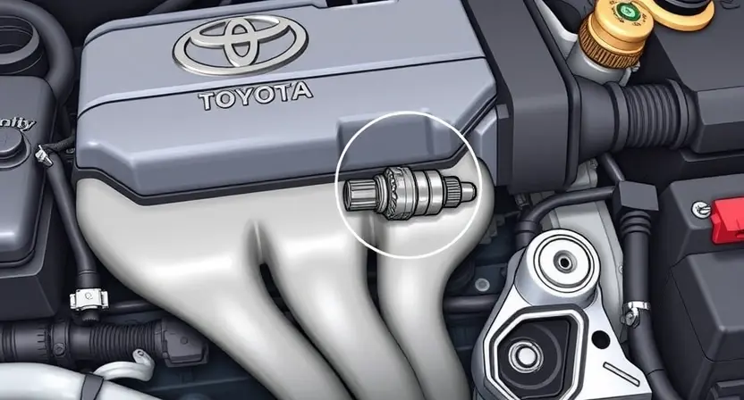 A detailed illustration of a Toyota engine bay, highlighting the oxygen sensor (O2 sensor) and its location within the exhaust manifold. The sensor should be clearly visible, with surrounding engine components subtly in focus. Focus on the sensor's physical appearance and its connection to the engine.