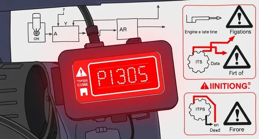 A high-quality technical illustration of a Toyota vehicle's ignition system showing a glowing engine control unit with a highlighted P1305 error code, surrounded by schematic wiring diagrams and warning symbols, clean technical style, no text or numbers on the image
