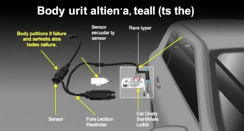 A detailed illustration of a car's body position sensor circuit, highlighting the components and connections. The image should show the sensor, wiring, and any related parts in a clear and technical manner, emphasizing the potential points of failure that could lead to the C1323 error code.