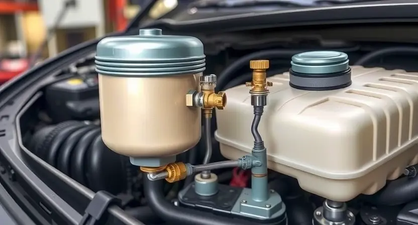 A close-up, detailed illustration of a car's evaporative emissions control system. Focus on the charcoal canister, fuel tank, and associated hoses and valves. The image should clearly show the components and their connections. The background should be a slightly blurred automotive workshop environment.