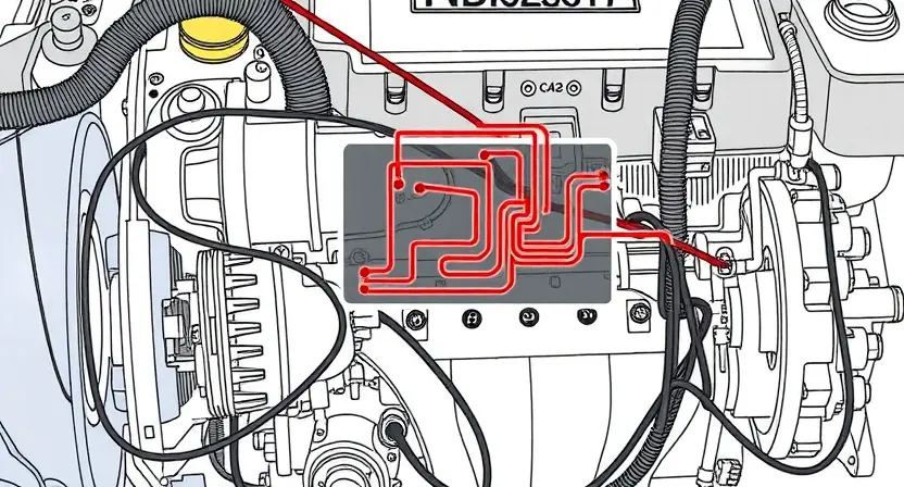 A detailed illustration of an engine block with a highlighted circuit board representing the output signal circuit of the crankshaft. Focus on the components and wiring related to the P2617 error. Include visual cues indicating a potential fault or malfunction.