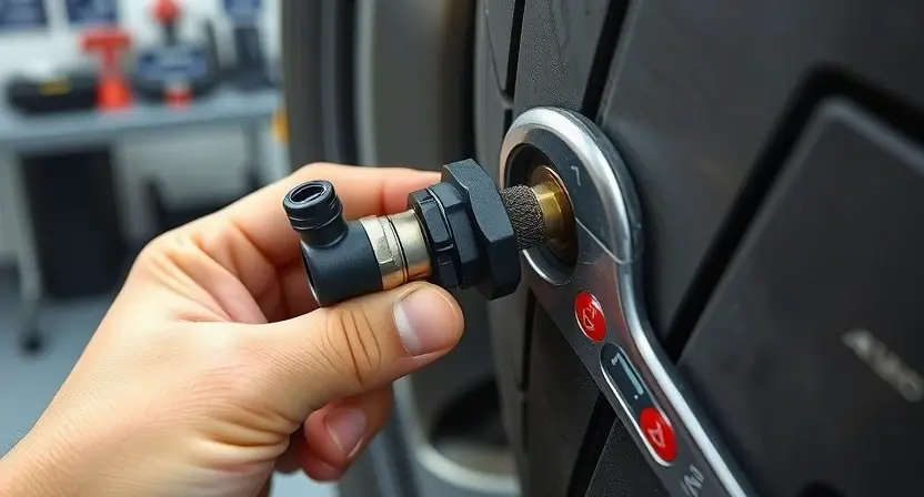 A close-up of a car tire pressure monitoring sensor being replaced by a mechanic's hand, showing the sensor detached from the valve stem with a wrench nearby, set in a well-lit auto repair shop background with blurred tools and tires, realistic lighting, high detail, no text or symbols