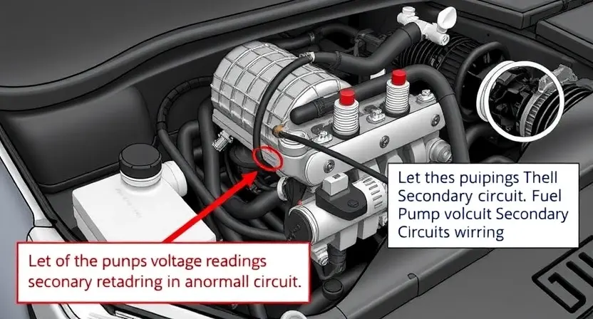 A detailed illustration of a car's engine bay, focusing on the fuel system. Show a fuel pump, fuel injectors, and the secondary circuit wiring. Highlight a potential issue with voltage readings in the secondary circuit, perhaps with a visual representation of an abnormal signal.