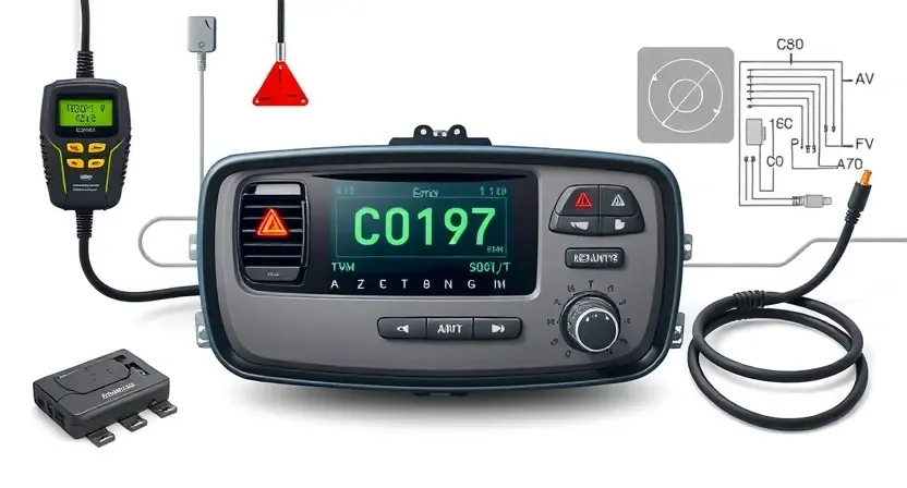 A high-quality technical illustration showing a car engine control unit with a warning light indicating error code C0197, surrounded by diagnostic tools and circuit diagrams, clean white background, professional lighting, no text or numbers visible