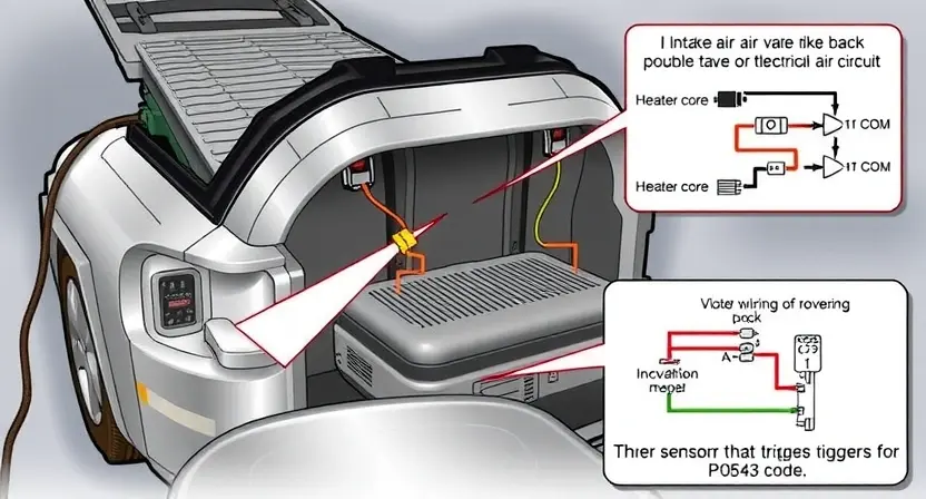 A detailed illustration of a car's intake air heater, showing the electrical wiring and the heater core. Highlight the potential break in the circuit with a visual cue like a broken wire or a disconnected connector. Include a schematic diagram showing the circuit path and the sensor that triggers the P0543 error code.