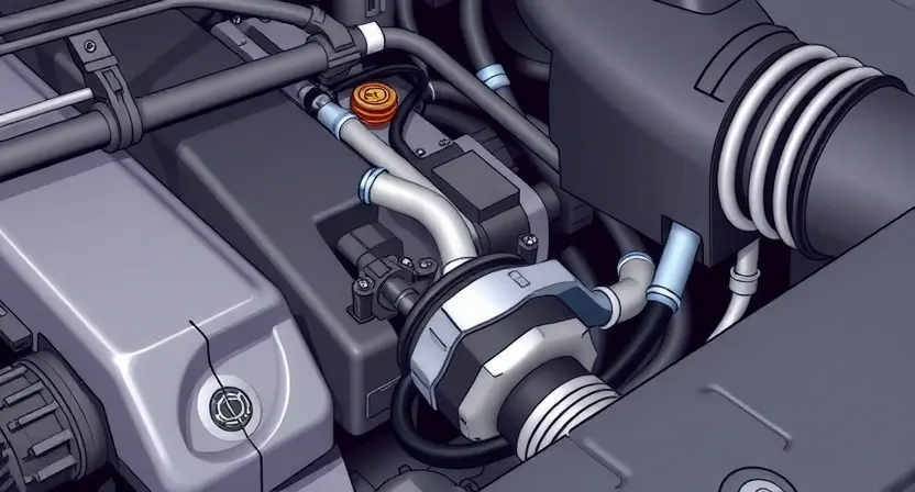 A close-up, detailed illustration of a car's engine bay. Focus on the crankshaft position sensor and its wiring. The engine should appear clean and well-maintained. Use realistic lighting to highlight the sensor's components.