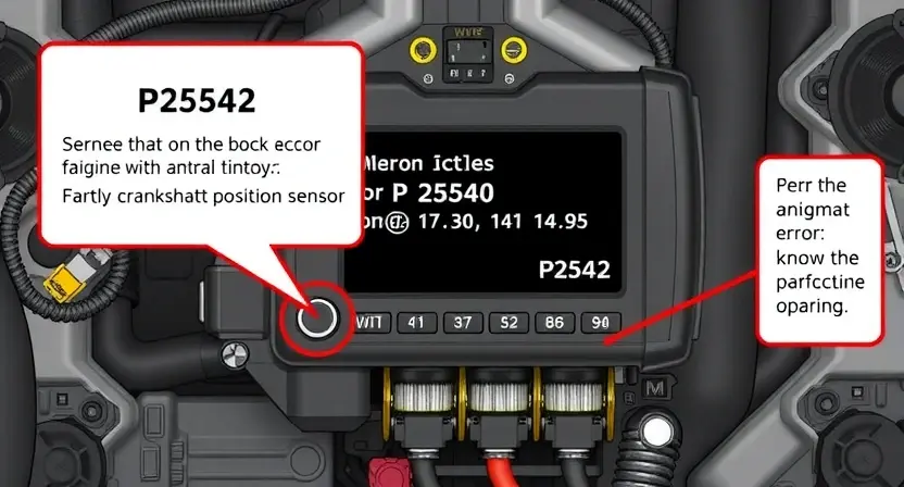 A detailed illustration of an automotive engine control unit (ECU) with various sensors and wiring. Focus on the diagnostic interface displaying error codes, specifically P2542. Include visual cues representing the potential causes of the error, such as a faulty crankshaft position sensor or a problem with the engine's timing.
