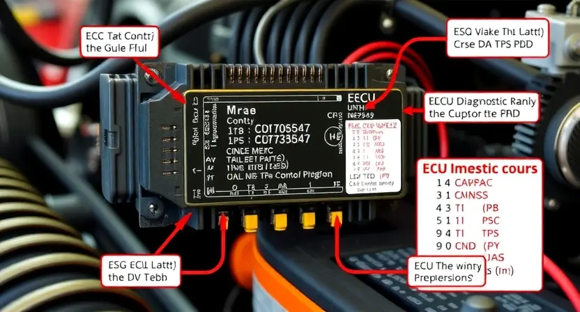 A close-up, detailed illustration of a car's engine control unit (ECU) with highlighted diagnostic codes and wiring diagrams. Focus on the electronic components and connections. The background should be a slightly blurred automotive repair shop environment.