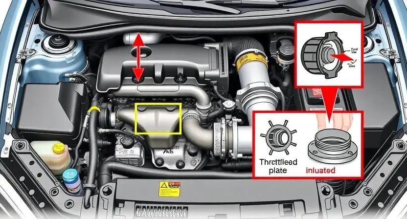 A detailed illustration of a car's engine bay, focusing on the throttle body and its associated components. The throttle body should be clearly visible, with diagrams indicating potential issues like a stuck or dirty throttle plate. Include visual cues representing electrical faults (e.g., a diagnostic light illuminated) and mechanical issues (e.g., a partially open or obstructed throttle plate). The overall style should be technical and informative, suitable for a repair manual.