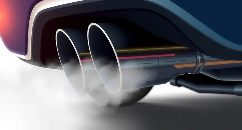 A close-up, detailed illustration of a car's exhaust system, specifically focusing on the catalytic converter area. The image should depict a slightly hazy, realistic representation of exhaust gases escaping from the tailpipe, with a subtle glow suggesting heat. The focus should be on the metallic components of the catalytic converter and surrounding pipes.