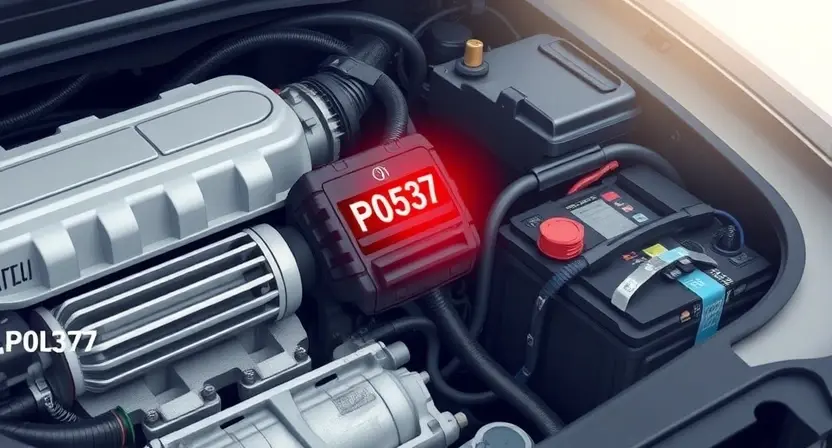 A detailed illustration of a car's engine bay with a diagnostic trouble code (DTC) light illuminated. The image should focus on the area where the DTC light is located, with clear visual representation of the code P0537. Include relevant engine components like the alternator, battery, and wiring harness in the background, but keep the focus on the light and code.