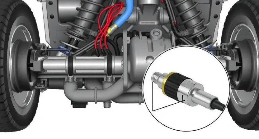 A detailed illustration of a vehicle's air suspension system, highlighting the pressure sensor and its connection to the pneumatic lines. Show a close-up of the sensor, emphasizing its components and wiring. The background should depict a simplified view of the vehicle's chassis.