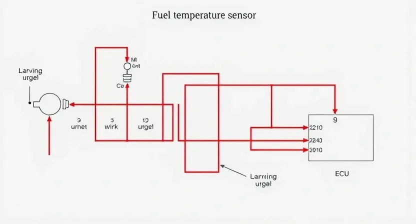 A detailed schematic diagram of an engine's fuel temperature sensor circuit. The diagram should clearly show the sensor, wiring, and the ECU (Engine Control Unit). Include labels for key components like the sensor resistance, voltage, and the ECU's signal processing. The diagram should be clean and well-organized, with color-coding for different components.