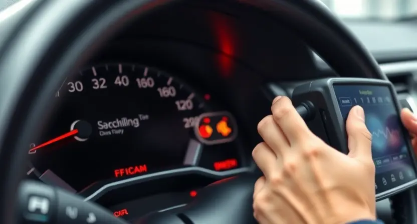 A close-up of a car's dashboard displaying a warning light, with a mechanic's hands inspecting the car's computer system. Focus on the dashboard and the diagnostic tools.