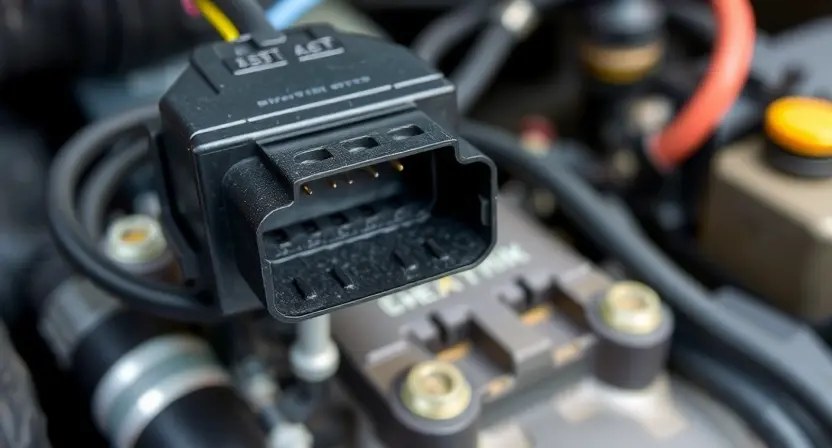 A close-up, detailed illustration of an automotive engine control unit (ECU) connector and wiring harness. The focus should be on the connector itself, highlighting the wires and pins. Show a slightly worn, but clean, automotive environment in the background, suggesting a vehicle's engine bay. The lighting should be bright and even, emphasizing the details of the electrical connections. The image should convey a sense of technical precision and diagnostic inspection.