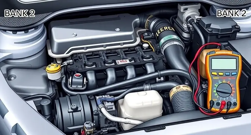 A detailed illustration of an automotive engine bay, focusing on the area around the oxygen sensor in Bank 2. The sensor should be clearly visible, along with wiring and connections. Include diagnostic tools like a scan tool and a multimeter. The background should be slightly blurred to emphasize the engine components.
