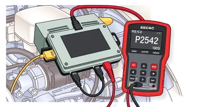 A detailed illustration of an automotive engine control unit (ECU) with diagnostic tools connected, highlighting the P2542 error code indicator. The ECU should be clearly visible, with wires and connectors depicted realistically. Diagnostic tools like a scan tool or multimeter should be shown connected to the ECU, with a visual representation of the error code displayed on the tool's screen. The background should be a clean, technical environment, possibly a workshop or garage.