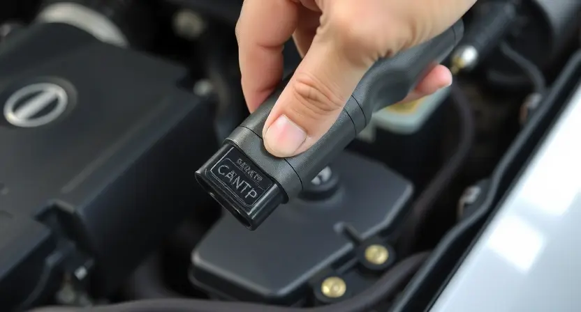 A close-up, detailed image of a car's diagnostic port with a mechanic's hand inserting a diagnostic tool. The background should be a slightly blurred view of a car engine bay. Focus on the connection between the tool and the port, highlighting the technical aspect. The lighting should be bright and clean, emphasizing the precision of the diagnostic process.
