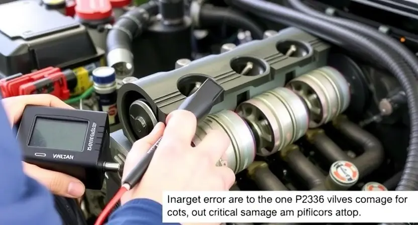 A detailed view of a car engine with a focus on the pistons and valves, showing signs of wear and tear such as visible damage or misalignment. The image should depict a mechanic using diagnostic tools to inspect the engine, with a close-up of the engine components to highlight potential issues related to the P2336 error code and critical piston slap.