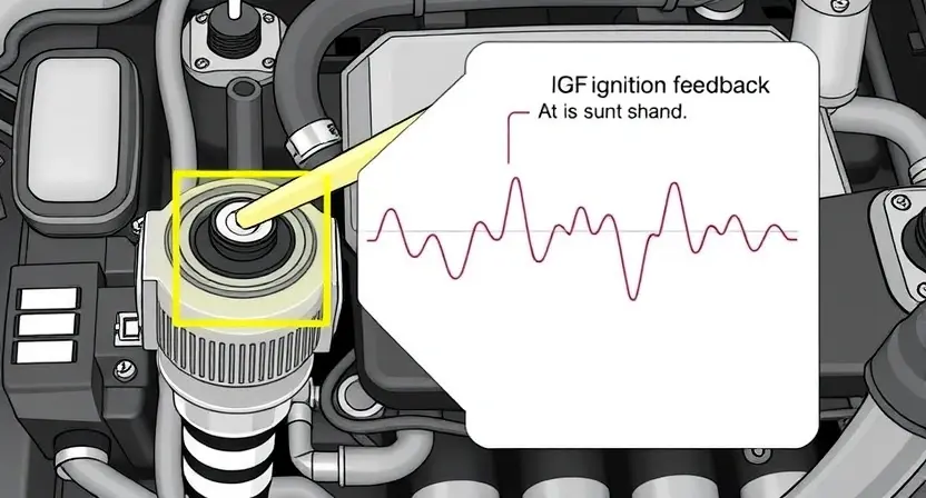 A high-quality technical illustration showing a Toyota engine control system with a highlighted ignition coil and spark plug wire, displaying a clear waveform or diagnostic signal labeled IGF (Ignition Feedback), clean technical diagram style, no text or numbers on image, professional automotive repair context