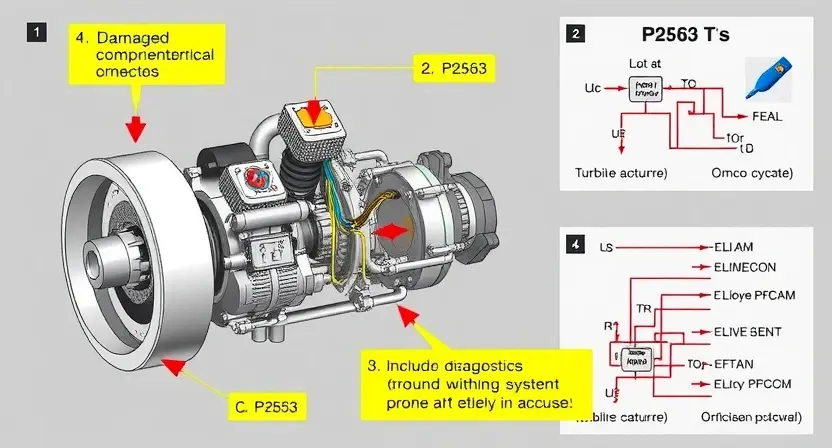 A detailed illustration of a turbine actuator with a visual representation of the P2563 error. The actuator should be shown with highlighted areas indicating potential malfunctions (e.g., damaged components, electrical connections). Include diagnostic tools and a schematic diagram illustrating the system's operation.