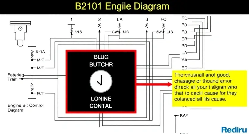 A detailed schematic diagram of an engine control circuit, highlighting a button and signal lines. The diagram should clearly show the B2101 error code and its potential cause. Focus on technical accuracy and clarity.