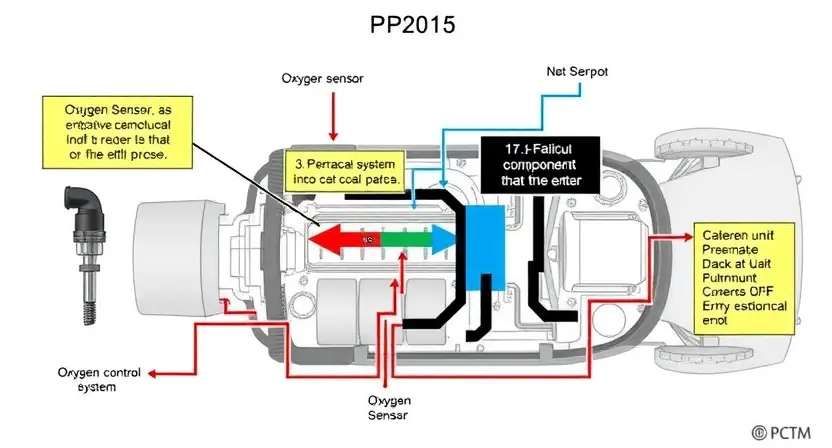 A detailed diagram illustrating the P2015 error in a car's engine system. The diagram should clearly show the relevant components (e.g., oxygen sensor, engine control unit, exhaust system) and the flow of data leading to the error. Use color-coding to highlight the faulty component and the affected system. Focus on technical accuracy and clarity.