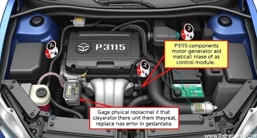 A detailed illustration of a car engine compartment with a focus on the motor-generator unit. Show the physical components involved in the P3115 error, such as the motor-generator, wiring harness, and control module. Highlight the areas where a technician would perform a physical replacement of the components. Use a realistic and detailed style to depict the engine parts and their connections.