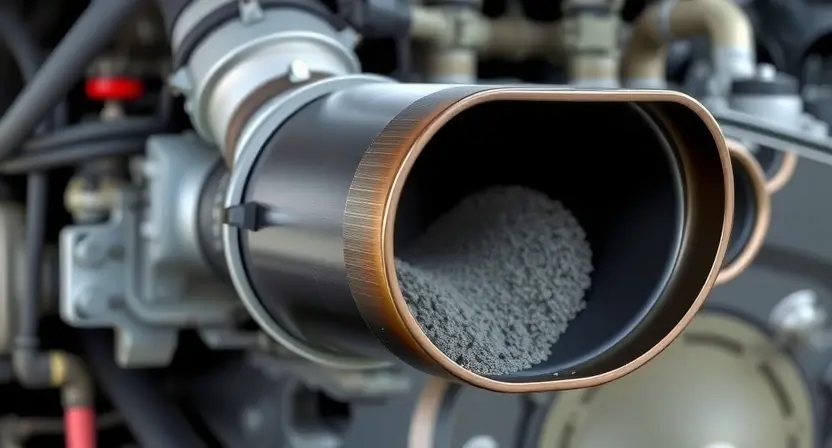 A close-up, detailed illustration of a diesel engine exhaust system with a visible soot filter. The filter should appear slightly clogged with soot, indicating a regeneration issue. Focus on the filter's physical structure and connection points within the exhaust system. The background should be a blurred representation of an engine compartment.