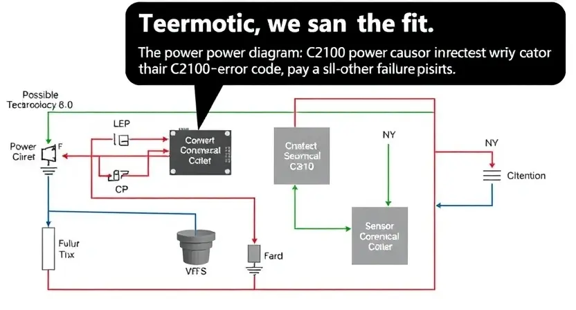 A detailed schematic diagram of a sensor power circuit, highlighting the C2100 error code and potential causes. Include visual representations of power supply components, sensor connections, and possible failure points. The image should be clean, professional, and informative.