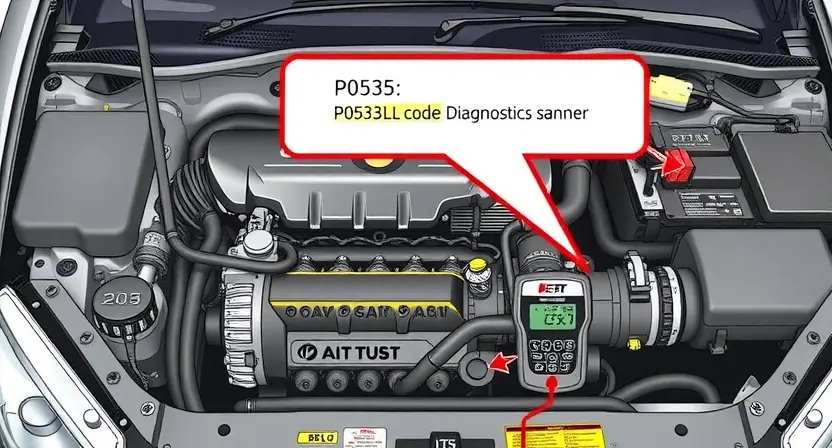 A detailed illustration of a car's engine bay, focusing on the diagnostic tools and components related to a P0535 code. Include a visual representation of the code being displayed on a diagnostic scanner. The engine should be realistically rendered, with visible hoses, wires, and sensors.