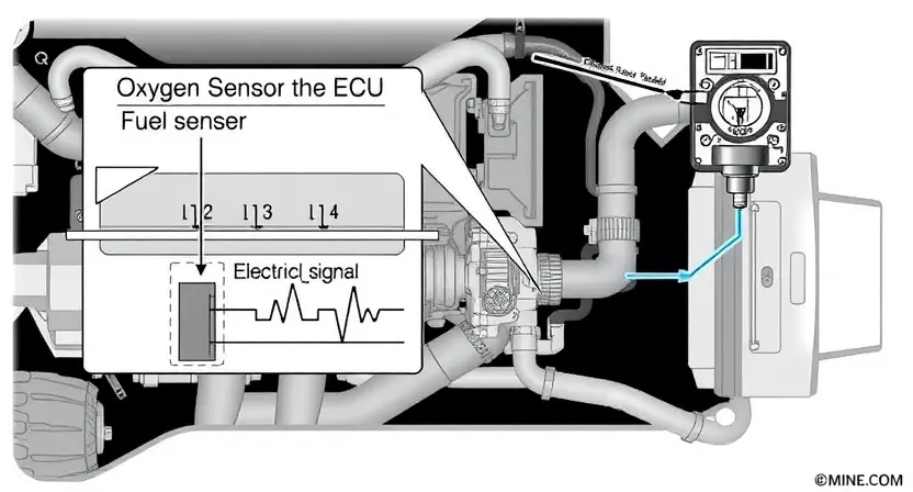 A detailed diagram illustrating a car's engine control system, specifically highlighting the position and function of the oxygen sensor (O2 sensor) and its connection to the engine's computer. Show the sensor located in the exhaust manifold, with arrows indicating the flow of exhaust gases. Include visual representations of the sensor's electrical signal being transmitted to the ECU. Focus on the sensor's role in monitoring and adjusting the air-fuel mixture.